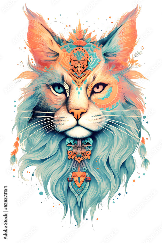 Generativ Mystical Maine coon cat with spiritual feather fur and colorful drops, Generative AI