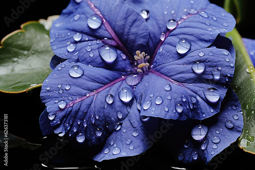 A detailed shot of a droplet-filled spiderwort flower, highlighting the translucency of the petals and the interaction between water and plant