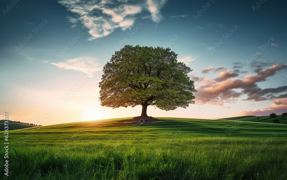 Fototapeta premium Beautiful tree in the middle of a field covered with grass with the tree line in the background