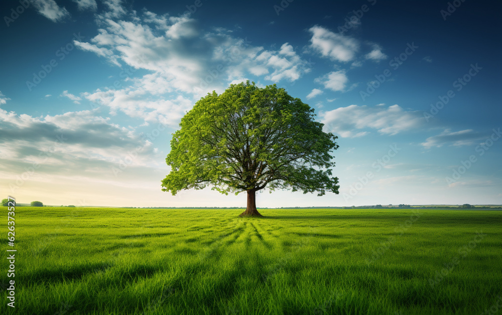 Beautiful tree in the middle of a field covered with grass with the tree line in the background Beautiful tree in the middle of a field covered with grass with the tree line in the background