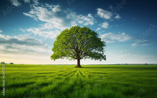 Beautiful tree in the middle of a field covered with grass with the tree line in the background © MUS_GRAPHIC