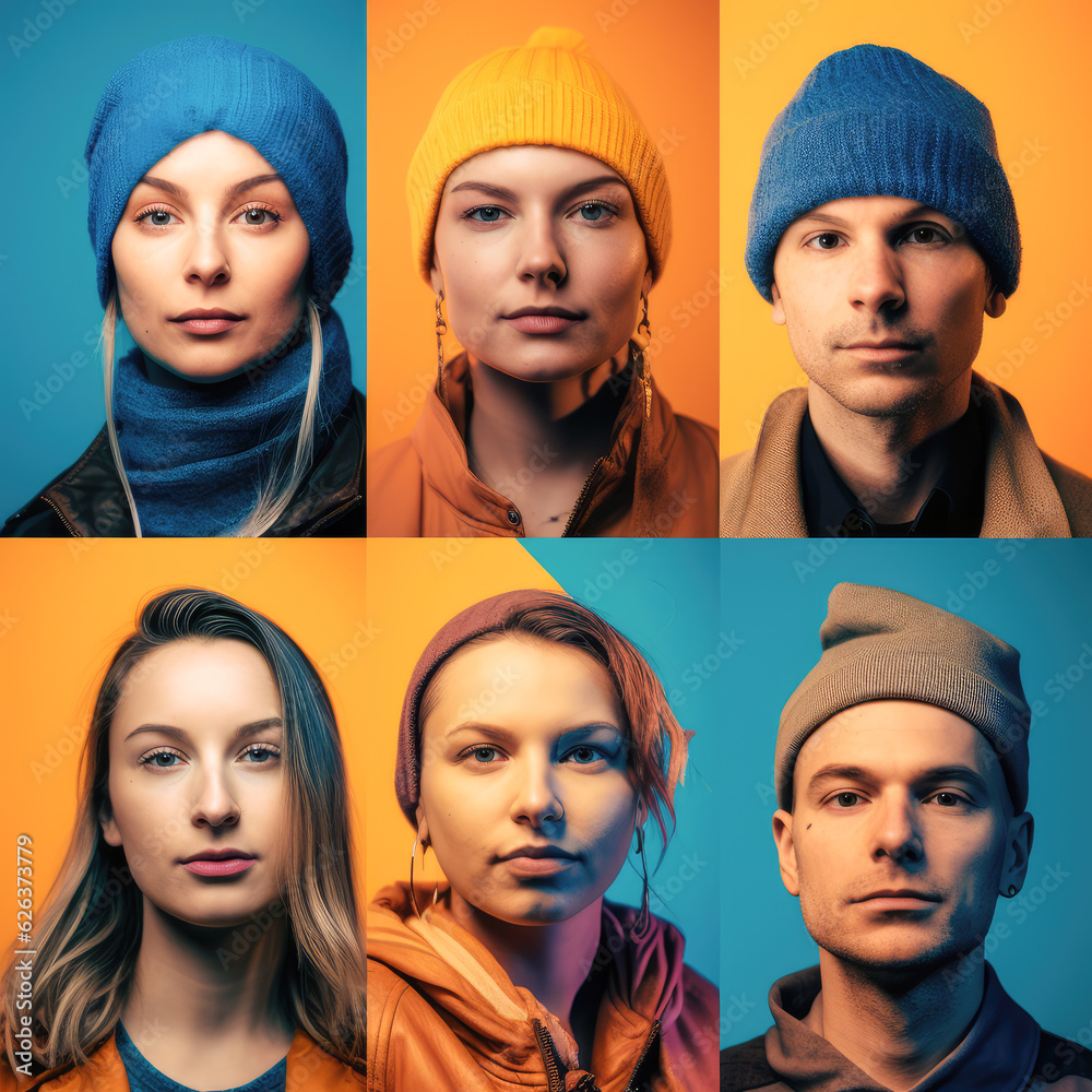 Collage of portraits of young people isolated over multicolored backgrounds. Concept of emotions, facial expression, fashion, beauty Collage of portraits of young people isolated over multicolored backgrounds. Concept of emotions, facial expression, fashion, beauty