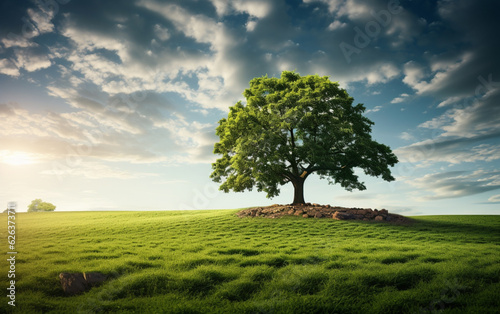 Beautiful tree in the middle of a field covered with grass with the tree line in the background