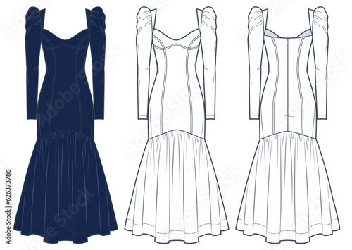 Women Puff Sleeve Dress technical fashion illustration. Maxi Dress fashion flat technical drawing template, long sleeve, zip-up, slim fit, front, back view, white, black color, women CAD mockup set.