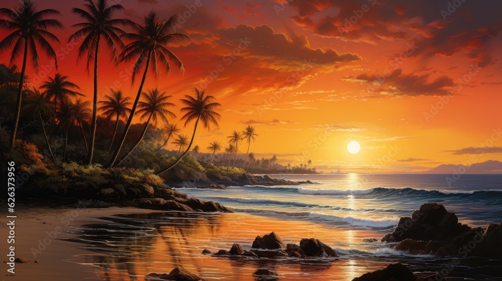 Tranquil Sunset over Tropical Shoreline with Palm Trees and Coconut Trees. Sunset beach with coconut palm trees, calm ocean, and colorful sky.
