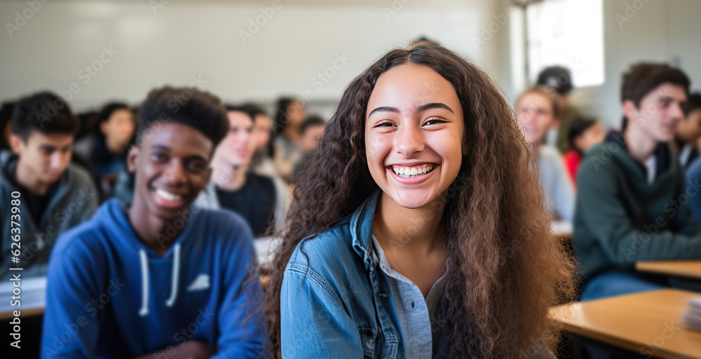 Happy teenage students in the classroom. Generative AI Happy teenage students in the classroom. Generative AI