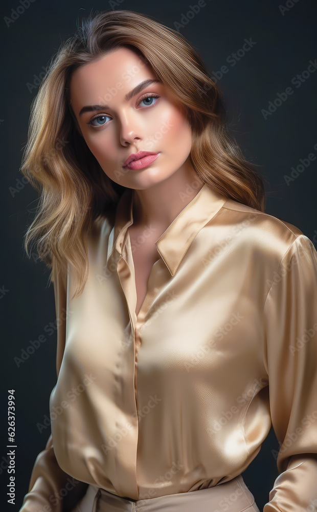 Naklejka premium Beautiful girl. Fashionable and stylish woman inbeige clothes. Fashion look, beauty and style. Natural makeup, easy styling