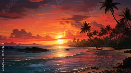 Tranquil Sunset on Tropical Beach with Palm Trees and Ocean. Afterglow illuminates serene tropical beach with coconut palm trees at sunset.