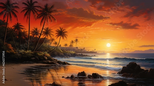 Tranquil Sunset over Tropical Shoreline with Palm Trees and Coconut Trees. Sunset beach with coconut palm trees, calm ocean, and colorful sky.