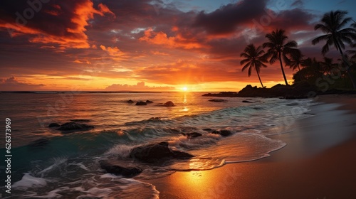 Tranquil Sunset Scene with Palm Trees and Ocean Waves. Golden beach at sunset: palm trees, calm waves, and breathtaking scenery.