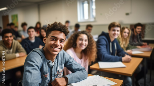 Happy teenage students in the classroom. Generative AI