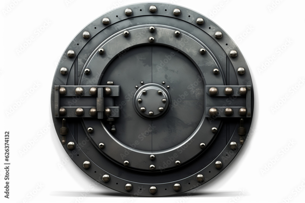 The metallic bank vault door on a white background isolated on white with clipping path. Generated AI The metallic bank vault door on a white background isolated on white with clipping path. Generated AI