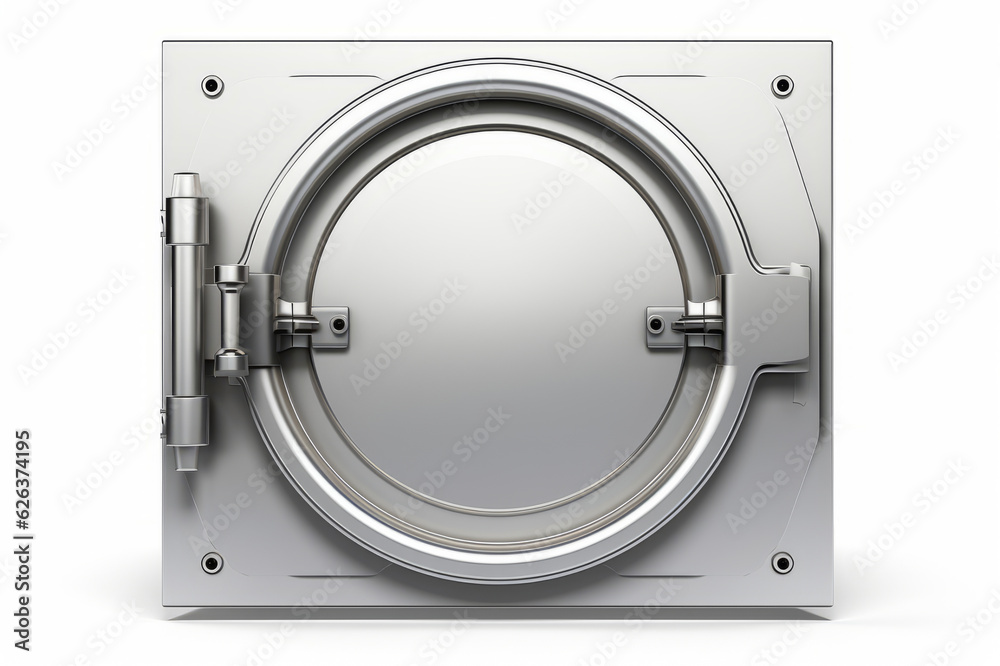 The metallic bank vault door on a white background isolated on white with clipping path. Generated AI The metallic bank vault door on a white background isolated on white with clipping path. Generated AI