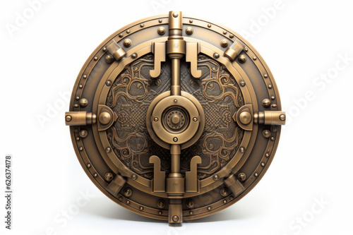 The metallic bank vault door on a white background isolated on white with clipping path. Generated AI