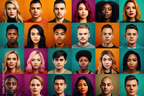 Collage of portraits of young people isolated over multicolored backgrounds. Concept of emotions, facial expression, fashion, beauty