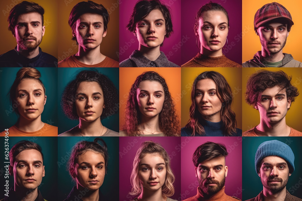 Collage of portraits of young people isolated over multicolored backgrounds. Concept of emotions, facial expression, fashion, beauty Collage of portraits of young people isolated over multicolored backgrounds. Concept of emotions, facial expression, fashion, beauty