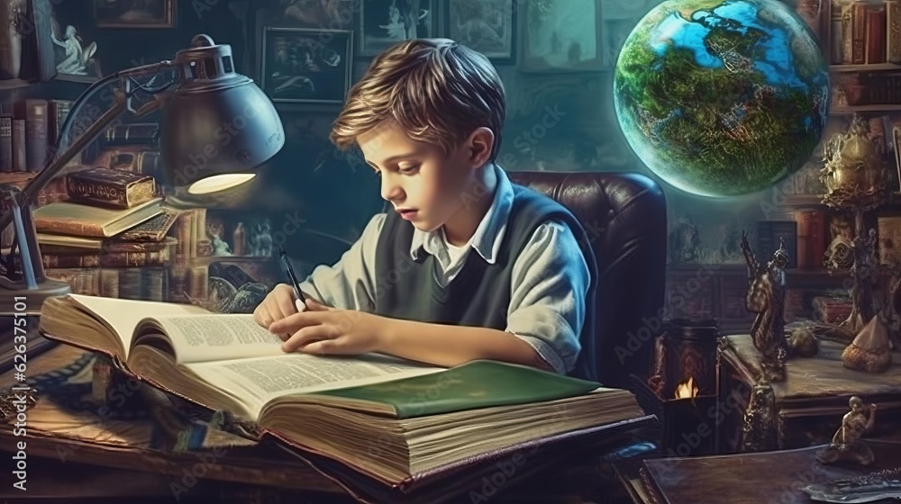 Illustration of school child reading a book. Made with Generative AI.