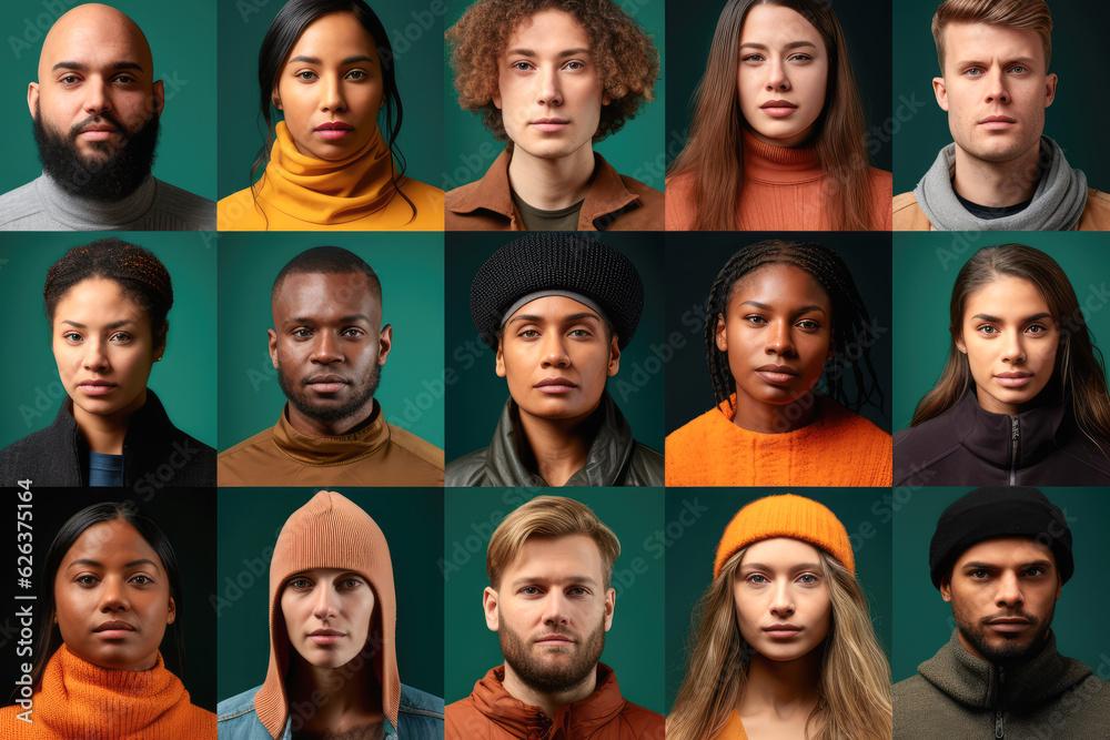 Collage of portraits of young people isolated over multicolored backgrounds. Concept of emotions, facial expression, fashion, beauty Collage of portraits of young people isolated over multicolored backgrounds. Concept of emotions, facial expression, fashion, beauty