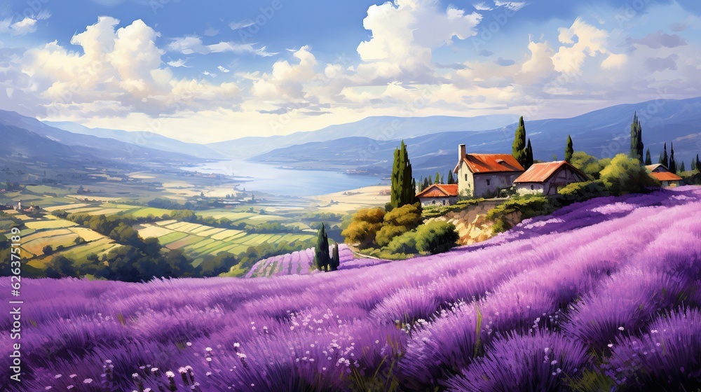  a painting of a lavender field with a house in the distance.  generative ai