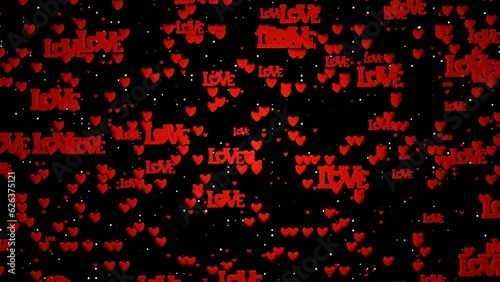 Love background with lots of red hearts flying and text love. Valentine's Day or wedding concept. 4K video animation 3d render.