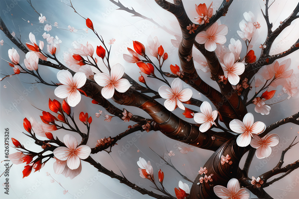 Kwitnące drzewo wiśni, kwiaty abstrakcja. Generative AI - obrazy, fototapety, plakaty 