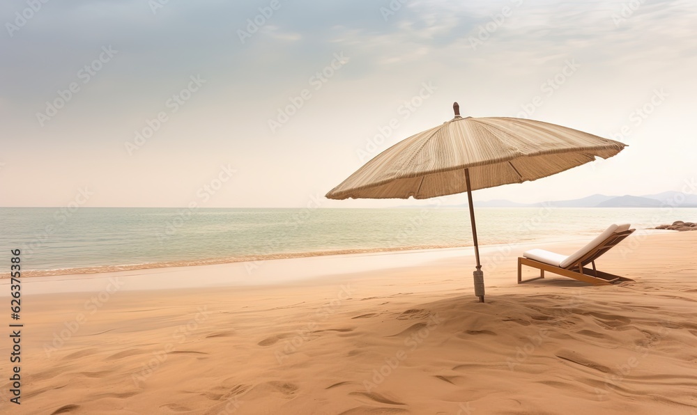  an umbrella and chair on a beach near the ocean and mountains.  generative ai
