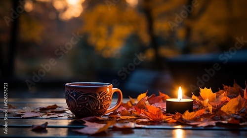 cup of hot tea in autumn, burning candle and autumn leaves on a bokeh background, with space for copy, banner - generative ai
