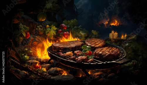 Grilled steaks on the fire. Meat cutlet for burgers being fried on grill. Rustic dinner concept. Generative AI.