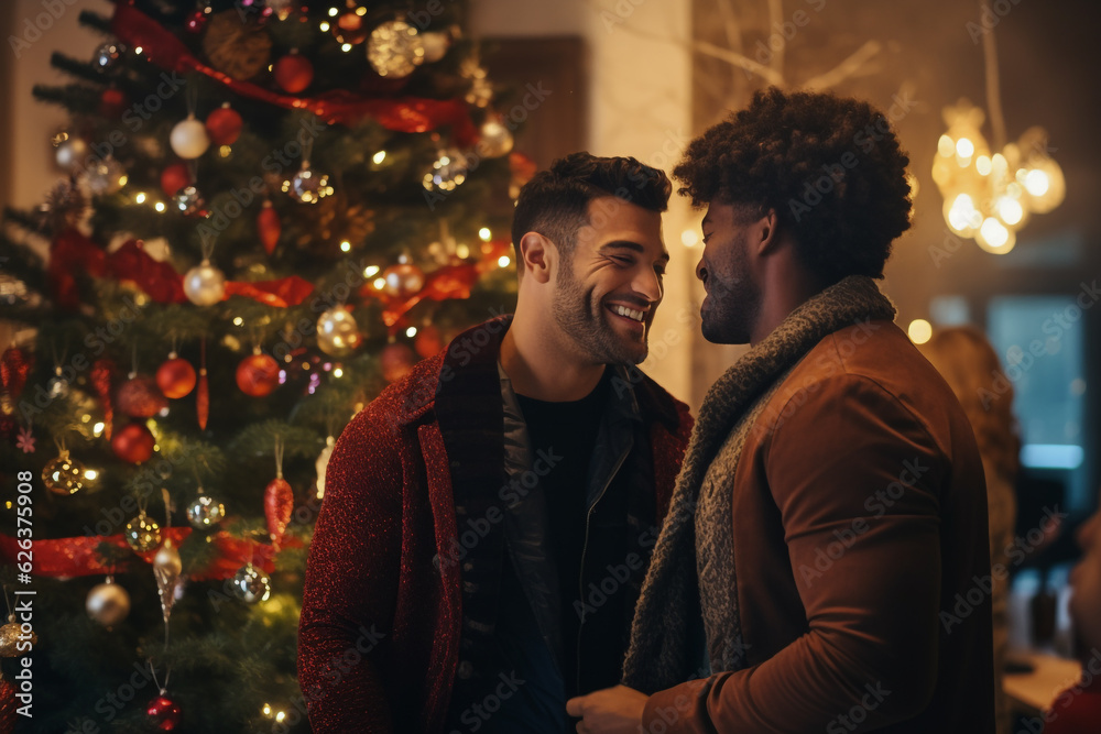 Gay couple celebrating christmas together in front of a christmas tree Gay couple celebrating christmas together in front of a christmas tree