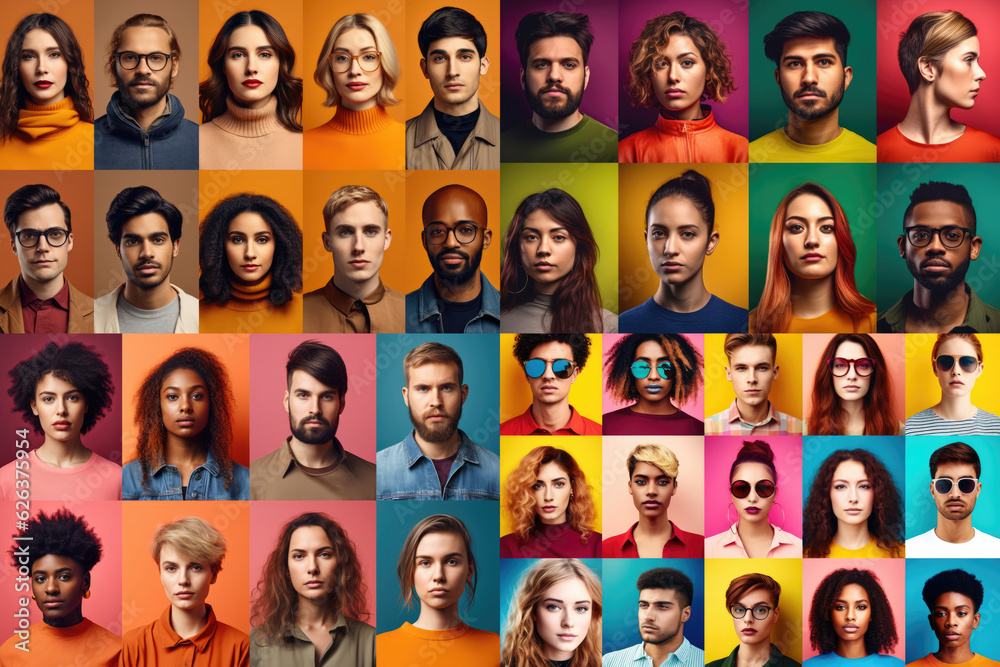 Collage of portraits of young people isolated over multicolored backgrounds. Concept of emotions, facial expression, fashion, beauty Collage of portraits of young people isolated over multicolored backgrounds. Concept of emotions, facial expression, fashion, beauty