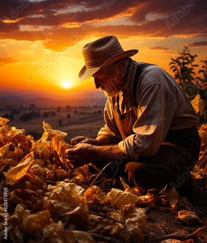 Old male wearing hat, shirt and romper squatted on the hill outdoors. Man sits among the dry faded leaves and grass. Sunset at backdrop. Generative AI. © Vadim