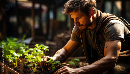 Handsome Caucasian brunet man working with plants. Gardener carefully planting saplings. Blurred backdrop. Generative AI. © Vadim