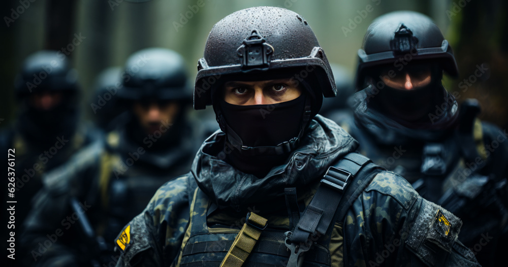 Military men wearing uniforms, balaclavas and helmets. Special forces troop. Generative AI.