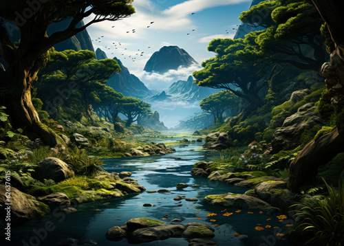 Beautiful nature landscape with narrow river floating among the mountains. Green trees and grass growing on the bank. Generative AI. © Vadim