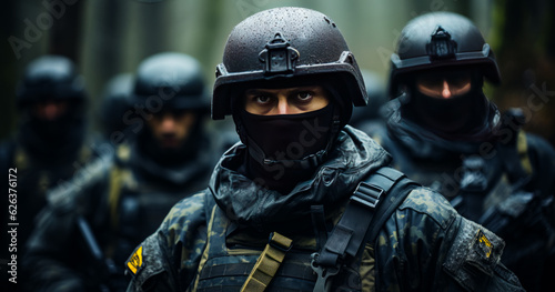 Military men wearing uniforms, balaclavas and helmets. Special forces troop. Generative AI. © Vadim