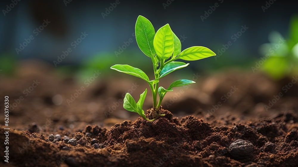 Fototapeta premium a young plant sprouts from the ground in the dirt. generative ai