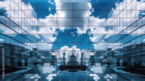 Office building with many windows reflect cloud and sky, creative architecture photot. Generative AI image weber. photo