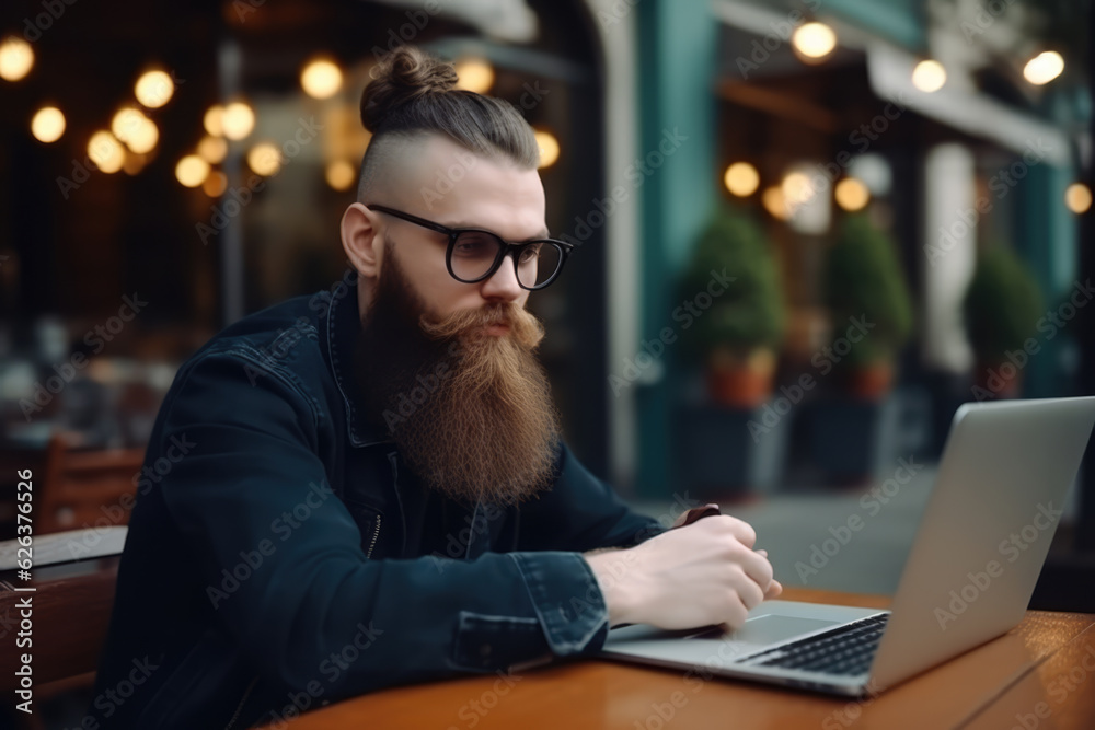 Thoughtful bearded youngster in glasses using laptop in cafe Thoughtful bearded youngster in glasses using laptop in cafe