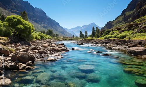 Natural mountain landscape, river flow between mountains on a summer day.