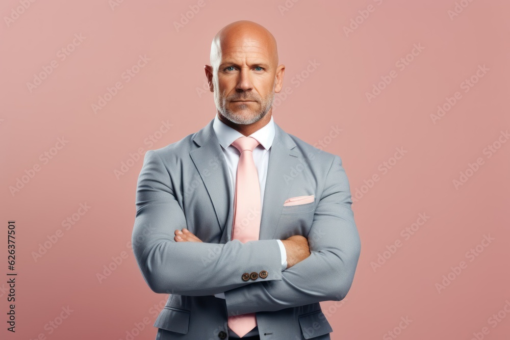 Fictional white man in a light blue suit and pink tie. Isolated on a pink background. Generative AI. Fictional white man in a light blue suit and pink tie. Isolated on a pink background. Generative AI.