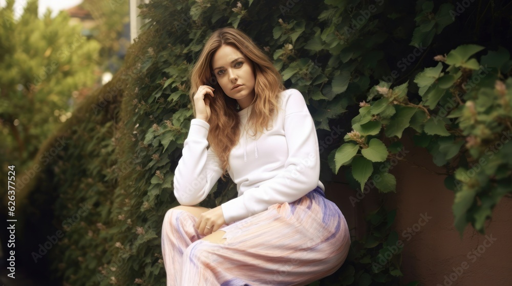 Fictional white woman sitting in a garden. Generative AI. Fictional white woman sitting in a garden. Generative AI.