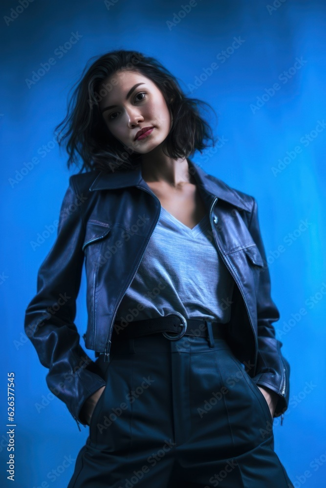 Fictional beautiful brunette woman wearing a leather jacket and jeans. Generative AI. Fictional beautiful brunette woman wearing a leather jacket and jeans. Generative AI.