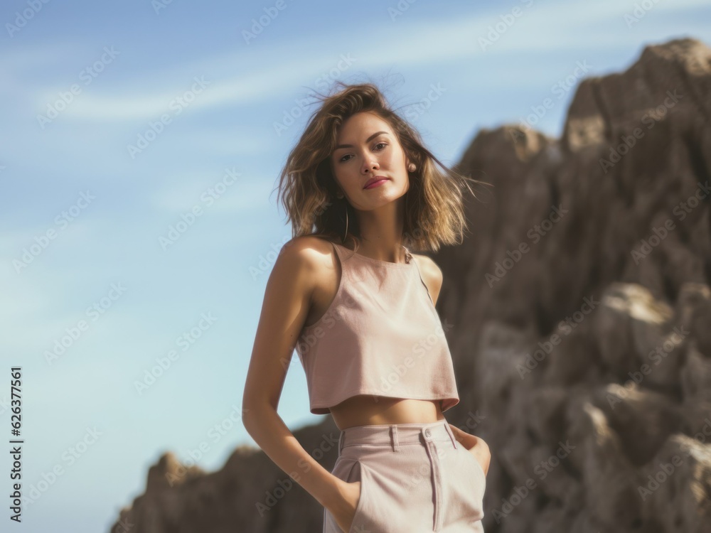 Fictional beautiful model posing in front of rock cliff. Generative AI. Fictional beautiful model posing in front of rock cliff. Generative AI.