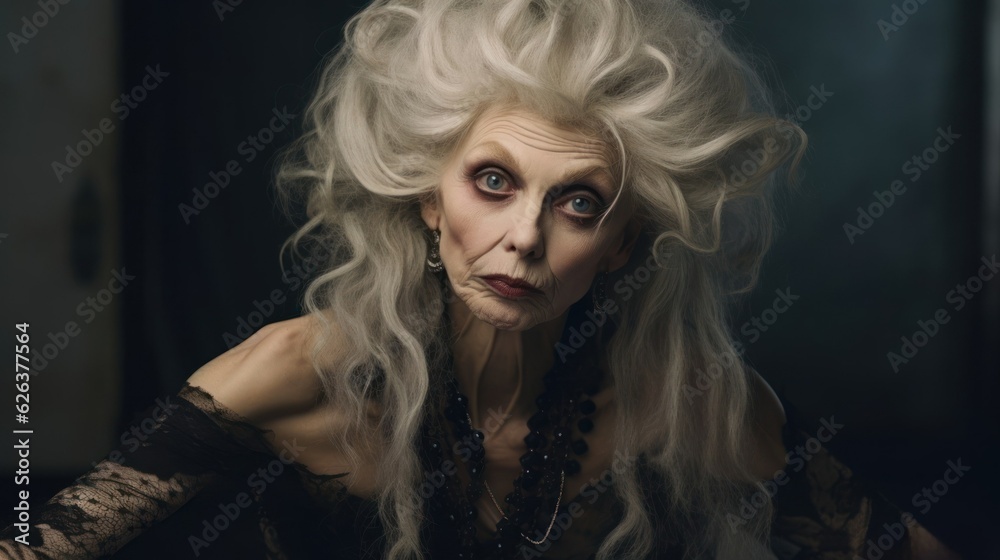 Fictional goth old lady portrait. Generative AI. Fictional goth old lady portrait. Generative AI.