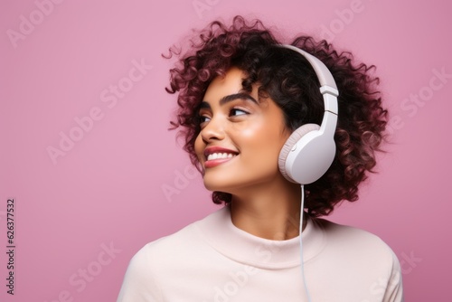 Fictional young woman listening music with headset. Isolated on a colored background.  Generative AI.