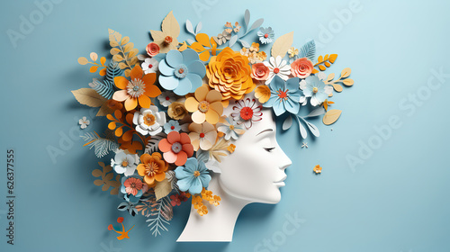 World mental health day concept, Paper human head symbol and flowers. Generative Ai © hassanmim2021