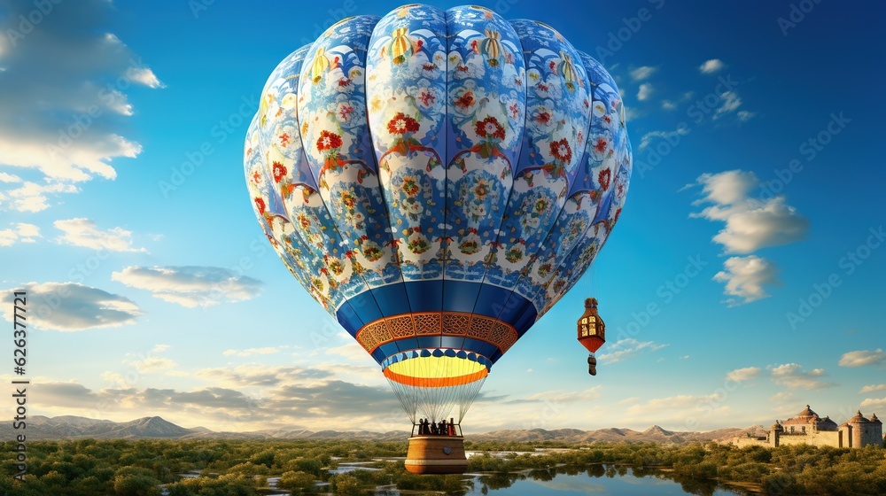  a large colorful hot air balloon flying over a lake with a castle in the background.  generative ai