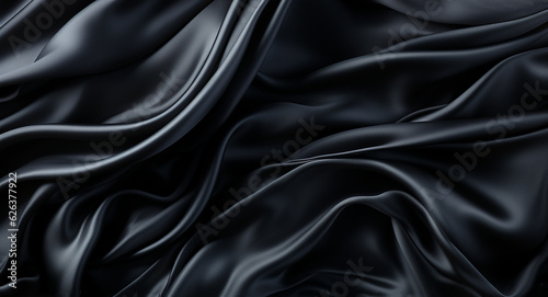 Abstract. Black silk satin texture background. Curtain, drapery. Beautiful soft folds on the fabric. Elegant luxury background with space for design.