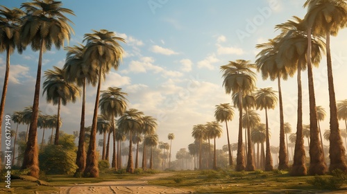  a painting of palm trees in a desert area with a sky background.  generative ai
