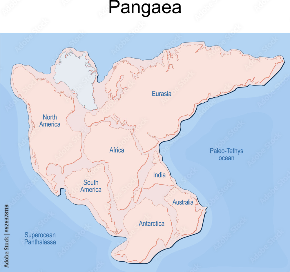 Supercontinent Pangaea with modern continental borders, Superocean Panthalassa, and Paleo-Tethys Ocean - obrazy, fototapety, plakaty 